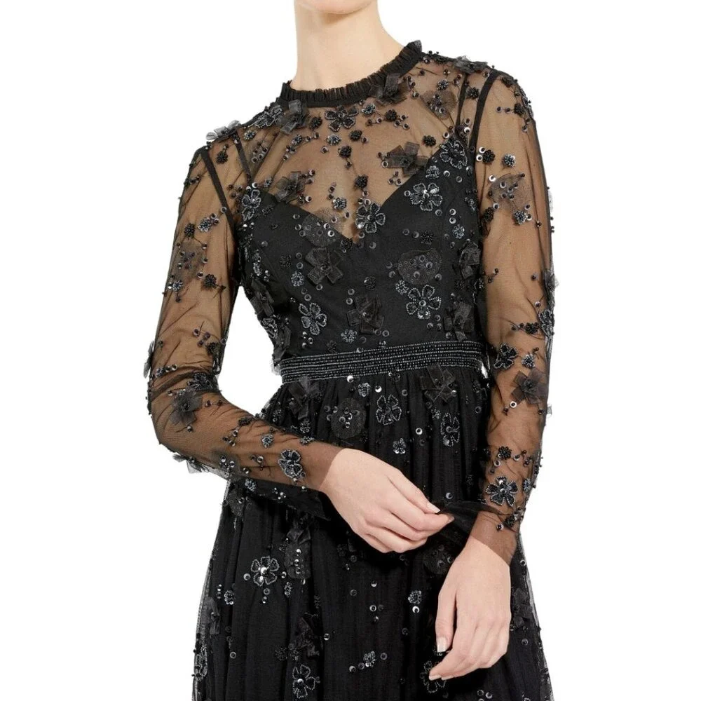 Mac Duggal Size 10 Black Floral Long Sleeve‎ Embellished Ruffle Formal Dress